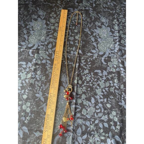 Vintage R.I. Bead & Comp Signed Long Goldtone Red Beaded Necklace Heart Charm - Picture 9 of 12